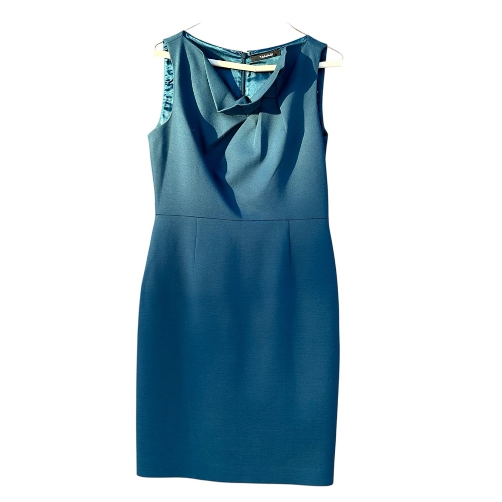 Tahari Teal Sleeveless Asymmetrical Neckline Sheath Dress Quiet Luxury